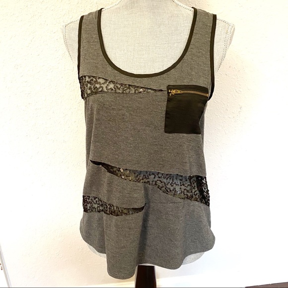 Bebe Tops - Bebe Gray & Black Lace Tank Top